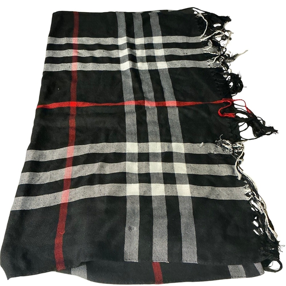 Black Plaid Scarf Wrap Shawl Fringed Blanket Cozy Warm Winter